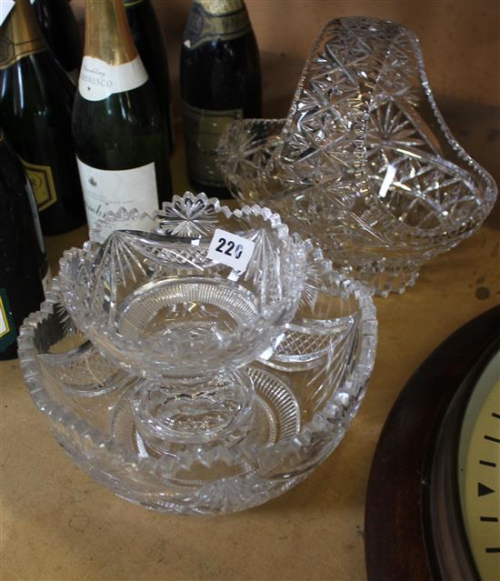 Cut glass footed bowl, basket and another